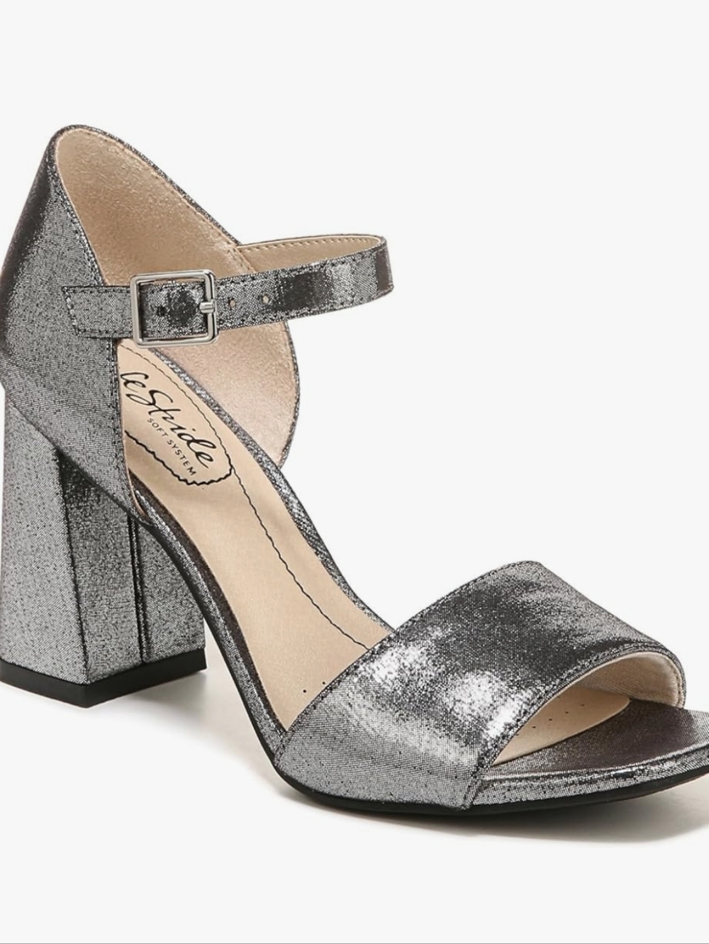 Life Stride Metallic Silver Block Heel Sandal with Ankle Strap Size 9